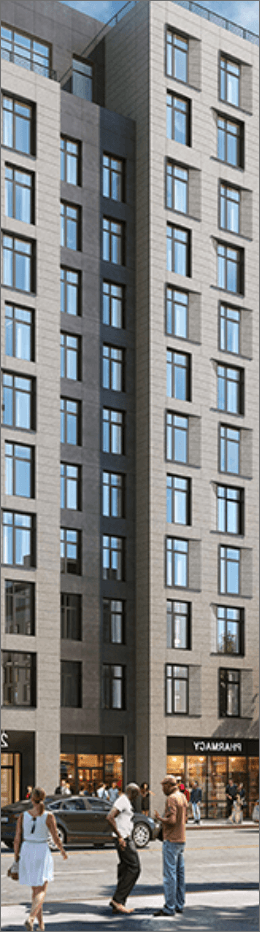 A modern multi-story building with large windows and a gray facade. People are walking on the sidewalk in front of the building, and a storefront on the ground level has a sign that reads "PHARMACY." The sky is clear above the building.