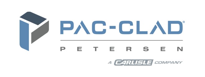 PAC-CLAD Petersen logo. A stylized 'P' icon is on the left, with "PAC-CLAD" written in large blue letters and "PETERSEN" underneath. Below, the text reads "A Carlisle Company." Known for break metal and standing seam solutions for exterior facade cladding.