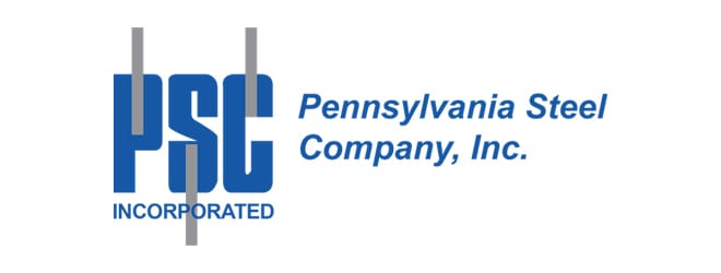 Logo of Pennsylvania Steel Company, Inc. featuring the initials "PSC" in large blue letters with two vertical gray bars on either side, followed by the full company name in blue text. The word "INCORPORATED" is in smaller blue text beneath "PSC," symbolizing strength and reliability akin to fiber cement products.
