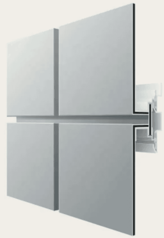 A digital rendering of a curtain wall facade system consisting of four large, square, gray panels with narrow gaps in between. The panels are held together by a metal frame positioned on the right side of the image. The system appears modern and sleek.