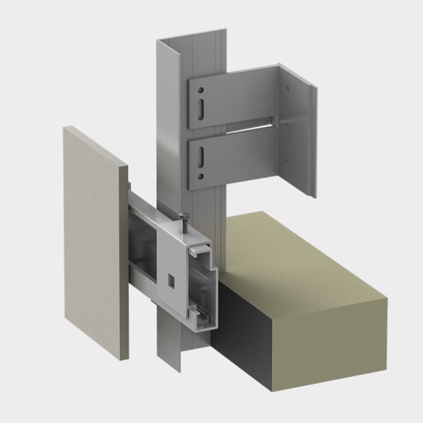 A digital rendering of a detailed architectural cross-sectional view of a cladding system. It shows metal brackets and framing securing an exterior panel to a structural support. The various layers illustrate the mechanism for attaching fiber cement cladding to a building facade.