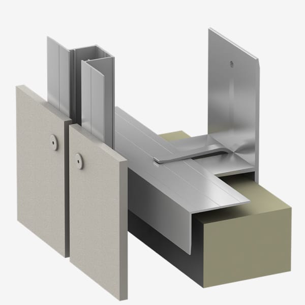 A 3D-rendered image of an architectural wall assembly, highlighting components like metal brackets, insulation panels, and ACM panels connected with screws and clips. The assembly demonstrates a section of an insulated wall with an external sheet metal facade.