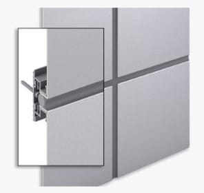 Close-up of a break metal wall panel system with an inserted zoomed-in view showing the detailed structure and interlocking mechanism of the panels and frame. The panels are arranged in a grid pattern with visible seams. The color is a sleek, light gray.