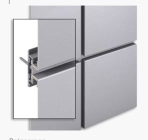 Close-up view of a metal panel system, illustrating the detail of the interlocking mechanism used to join adjacent sheet metal panels. The main image shows four panels, and the inset highlights the connective joint structure. The surface has a sleek, metallic finish.