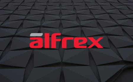 A logo with the word "Alfrex" in bold, red letters is centered against a dark, geometric background composed of interconnected, three-dimensional triangular shapes, evoking the strength and precision of fiber cement.