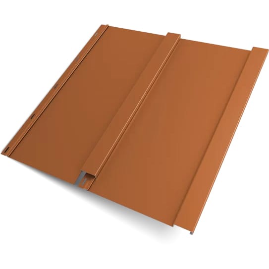 A close-up of brown standing seam sheet metal roofing panels, featuring two vertical raised seams and a smooth flat surface between them. The panels are slightly angled, showcasing their interlocking design for secure installation and weather resistance.
