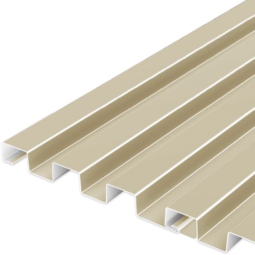 A section of beige corrugated metal roofing panel with a ridged, wavy pattern. The material is shown at an angle, highlighting its texture and profile, commonly used in standing seam systems.