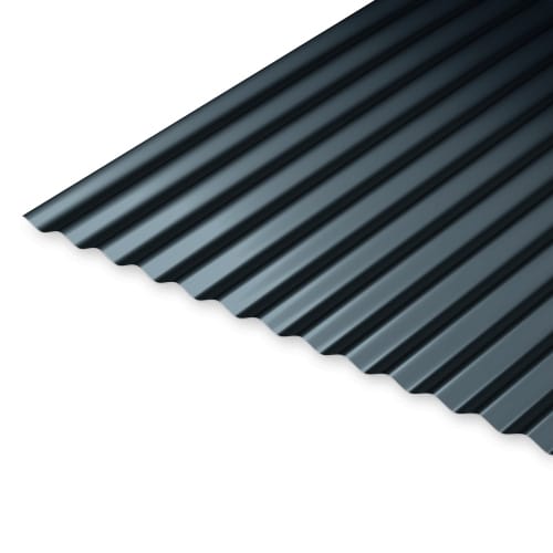 A section of a dark grey fiber cement corrugated sheet with parallel ridges and grooves, commonly used for roofing or siding. The sheet is shown at an angle, emphasizing its texture and pattern.