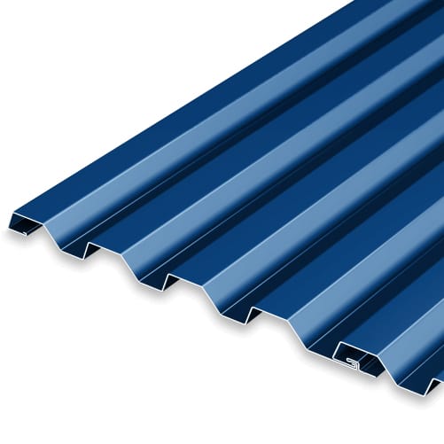 A close-up view of a blue corrugated metal sheet with a wavy surface pattern, commonly used in roofing and construction. The sheet is shown at an angle, highlighting its textured and reflective surface, typical of standing seam designs.