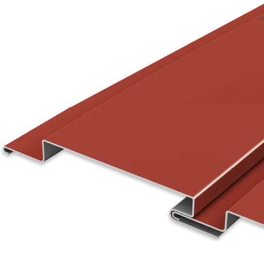 Close-up view of brown metal roofing sheets featuring raised seams and interlocking edges. The sheet metal panels are shown laid flat, highlighting their length and design intended for installation on roofs or as part of an exterior facade cladding system.