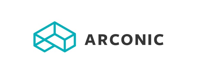The image features the Arconic logo. To the left, there is a minimalist teal geometric shape resembling a 3D cube, often seen in standing seam applications. To the right, "ARCONIC" is written in bold, black uppercase letters. The overall design is clean and modern.