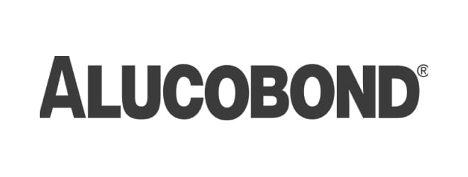 The image displays the word "ALUCOBOND" in bold, black capital letters, with a registered trademark symbol (®) appearing after the "D." The background is plain white, evoking a sleek aesthetic reminiscent of sheet metal.