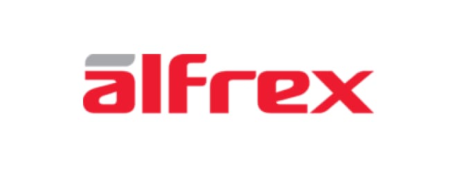 The image displays the logo of a company named "Alfrex". The logo features the word "alfrex" in lowercase letters with a modern, bold, and red font. The top left portion of the letter "a" is highlighted in grey. The background is white, reminiscent of sleek sheet metal applications.