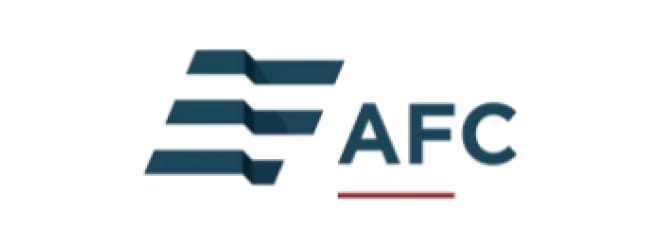 The image features the logo of AFC with stylized blue horizontal stripes forming an abstract design to the left of the letters "AFC." A thin red horizontal line is located below the letters, reminiscent of standing seam designs. The logo is set against a white background.