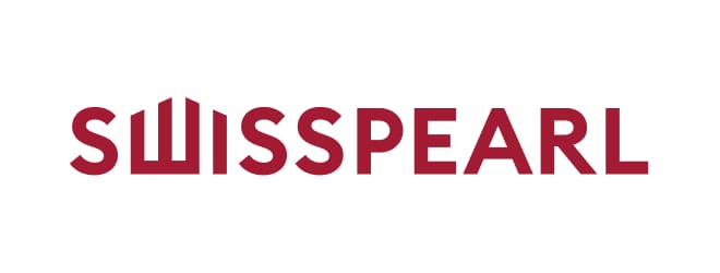 The image shows the logo for Swisspearl, featuring the brand name in bold red uppercase letters. The "W" is stylized with alternating vertical bars resembling building structures or columns, evoking a sense of fiber cement materials. The background is white.
