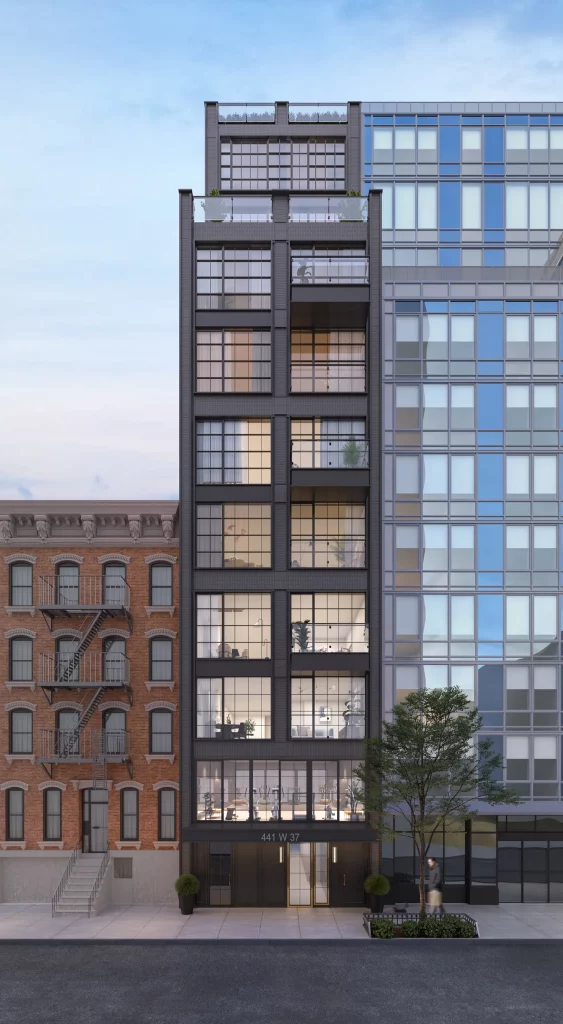 A sleek, modern mid-rise building with large windows stands beside a classic brick building adorned with a fire escape. The modern structure features a dark color scheme, enhancing the urban environment. Both buildings are flanked by trees and a bustling street, creating an eye-catching contrast in architecture.