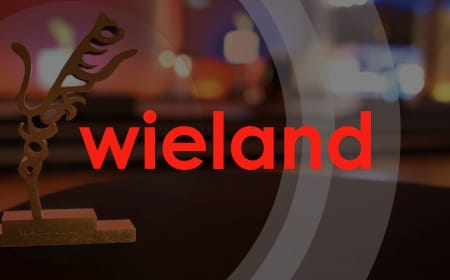 A decorative sculpture stands to the left with the word "wieland" prominently displayed in bold red letters across the center of the image. The background, softly blurred, showcases a modern indoor setting with ambient lighting and sleek sheet metal accents.