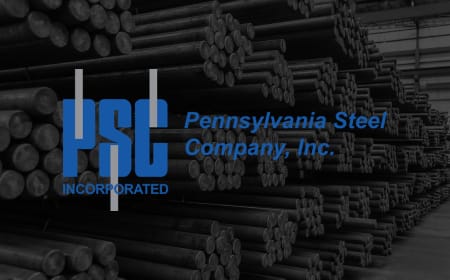 The image shows numerous stacks of cylindrical steel rods in a warehouse. Overlaid on the image are the words "PSC Pennsylvania Steel Company, Inc.," with "PSC" in large, blue letters and "Incorporated" written below it. Among the products offered is ACM used for exterior facade cladding solutions.