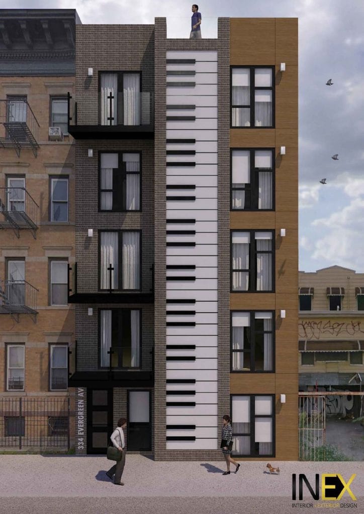 A modern apartment building with a unique facade resembling piano keys stands out. The structure features large windows and balconies, and the INEX Interior Exterior Design logo is displayed at the bottom right corner. A person walks on the sidewalk while another enjoys the rooftop view.