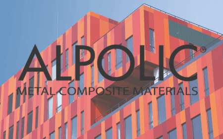 A modern building facade showcases a vibrant, orange and red geometric pattern. The striking black text "ALPOLIC Metal Composite Materials" is centered over the image, seamlessly integrated into the building's windows and design.